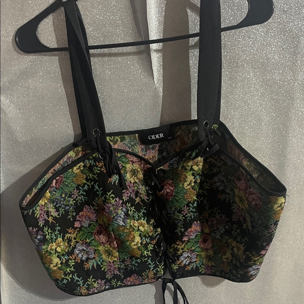 Cider Black Multicolor Floral Lace-Up Tank Top